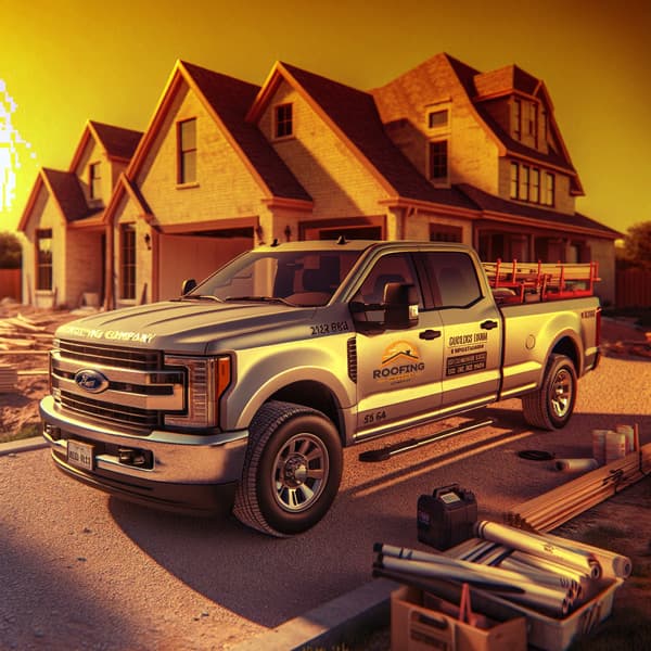 Corpus Christi Roofer Truck in the sunset scenery, with houses showing behind the company truck. Right on the right there are a lot of tools that they often use.